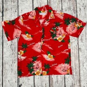 Vintage Hawaiian Hawaii Honeymoon Floral Red Button Down Short Sleeve Shirt
